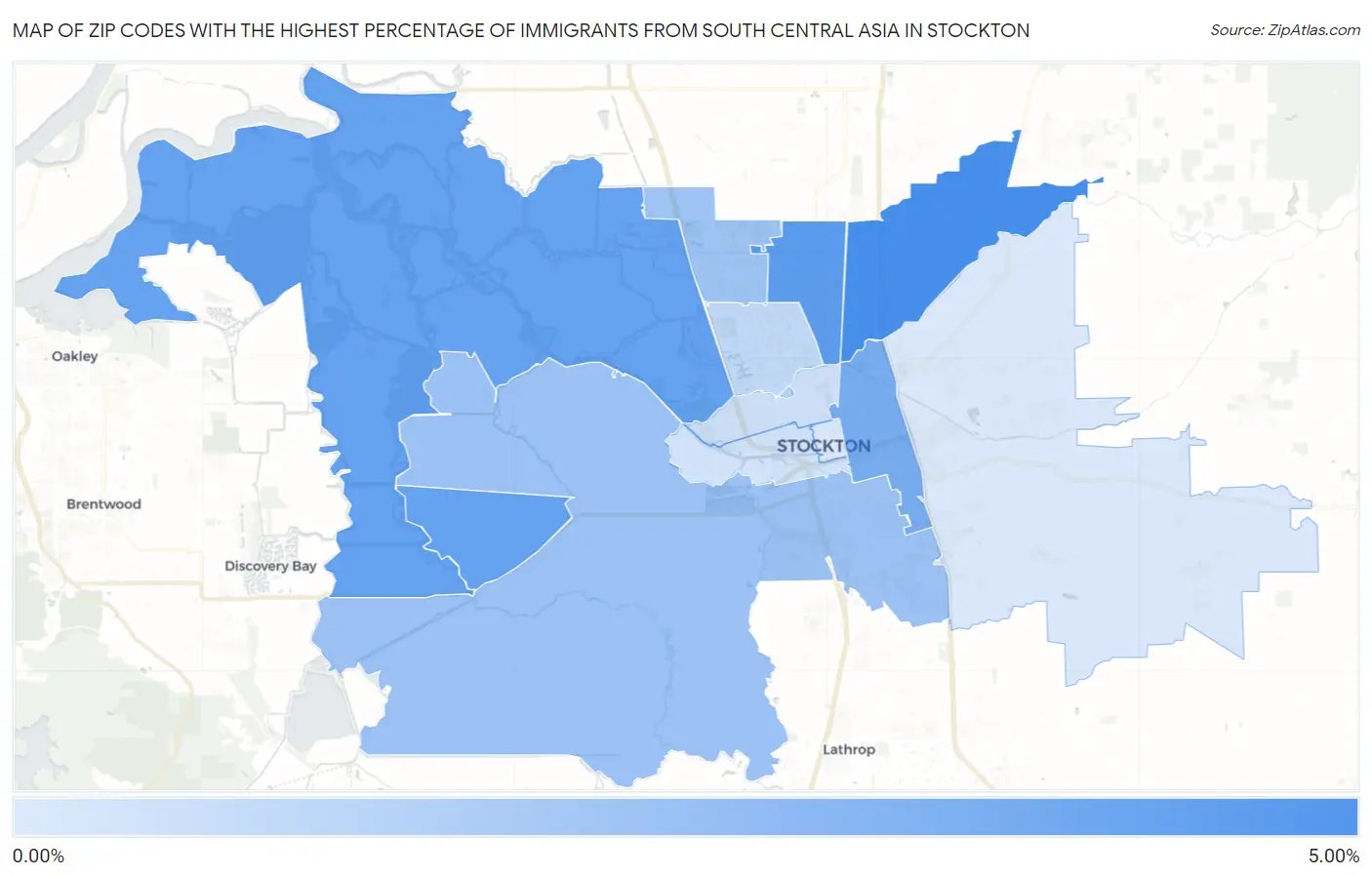 Zip Codes with the Highest Percentage of Immigrants from South Central Asia in Stockton Map
