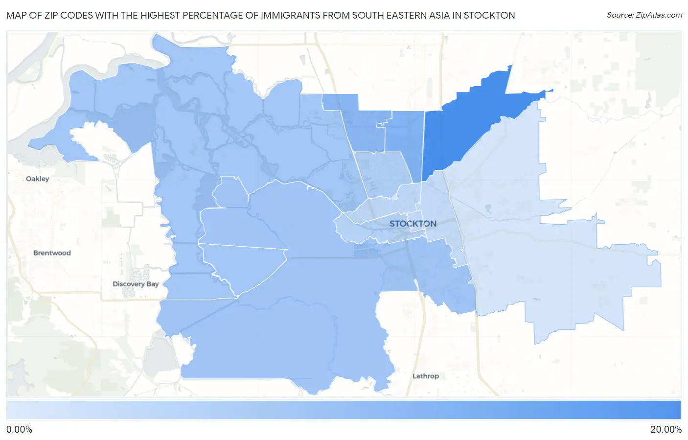 Zip Codes with the Highest Percentage of Immigrants from South Eastern Asia in Stockton Map