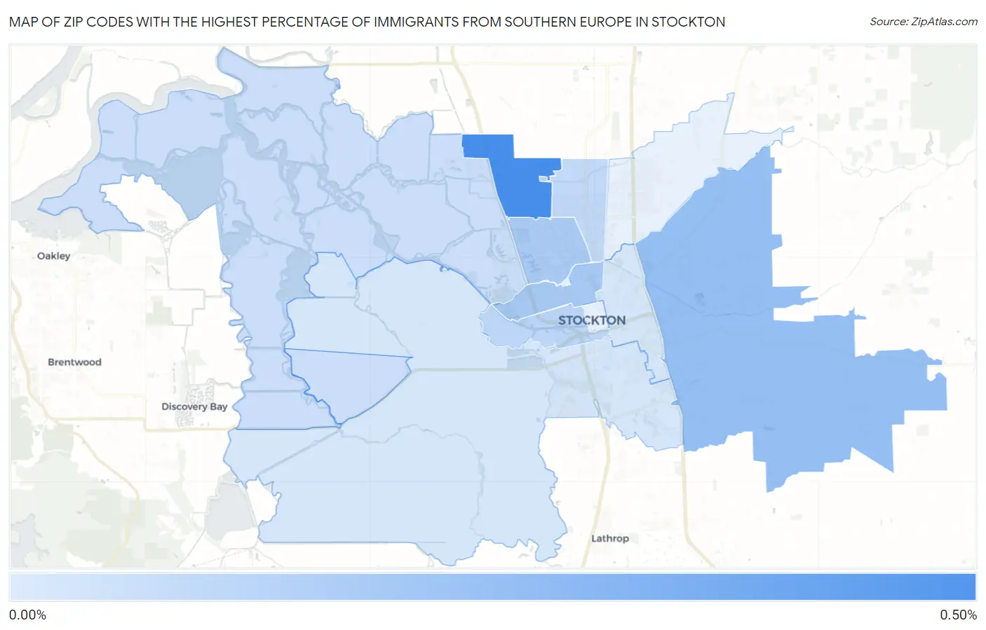 Zip Codes with the Highest Percentage of Immigrants from Southern Europe in Stockton Map