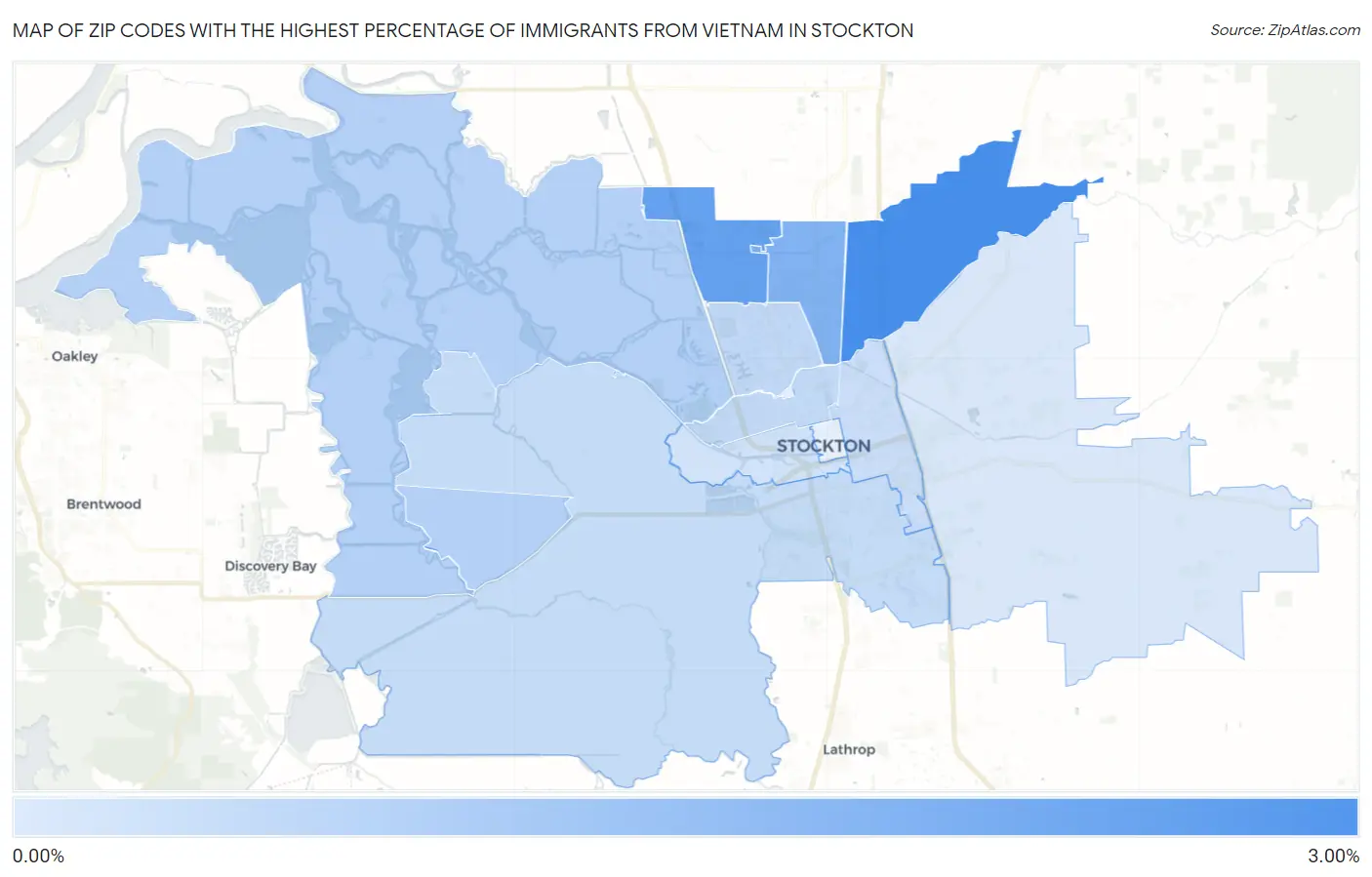 Zip Codes with the Highest Percentage of Immigrants from Vietnam in Stockton Map