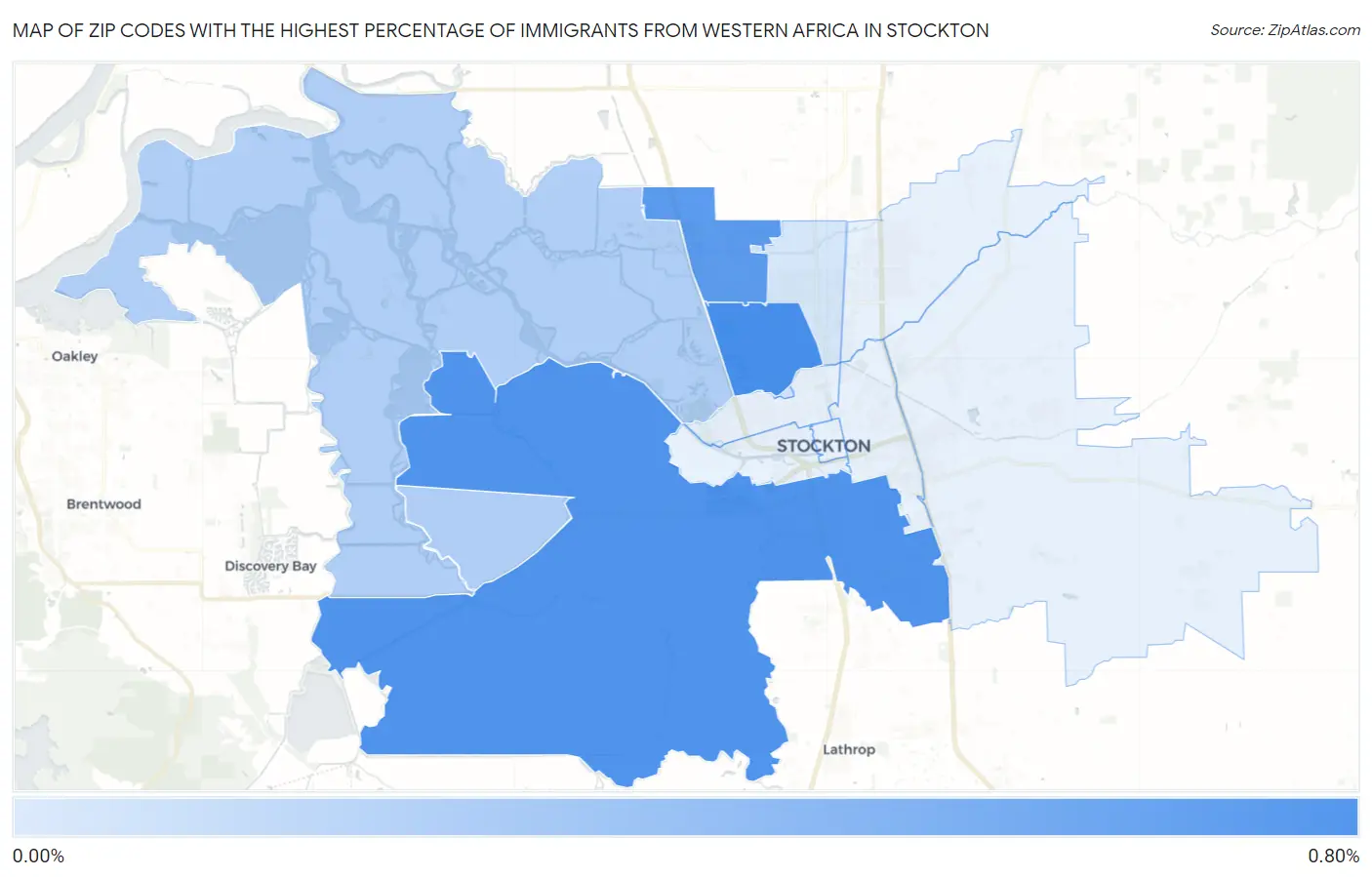 Zip Codes with the Highest Percentage of Immigrants from Western Africa in Stockton Map
