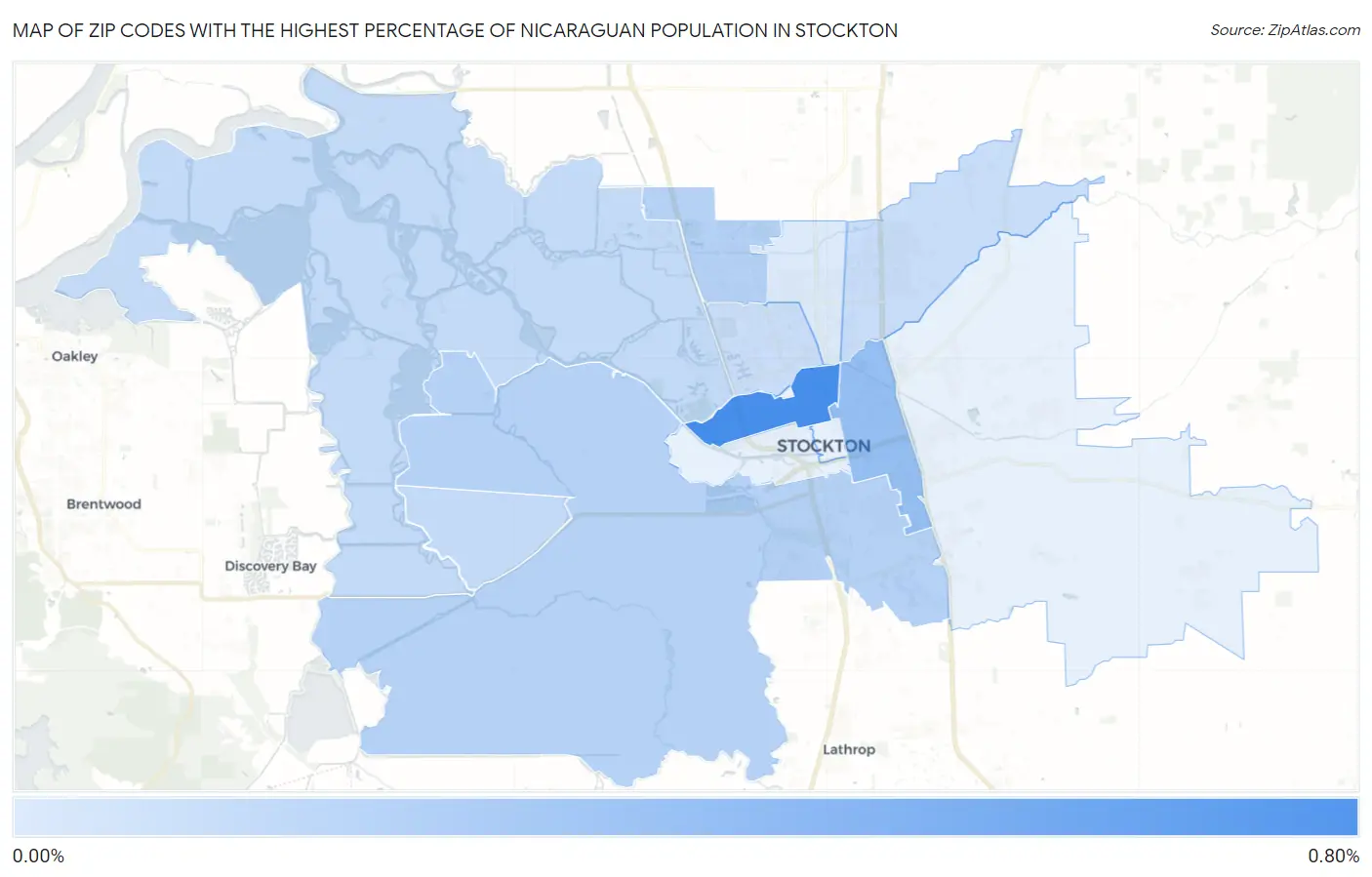 Zip Codes with the Highest Percentage of Nicaraguan Population in Stockton Map