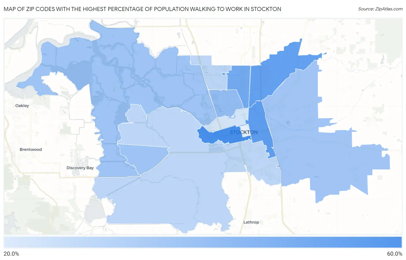 Zip Codes with the Highest Percentage of Population Walking to Work in Stockton Map