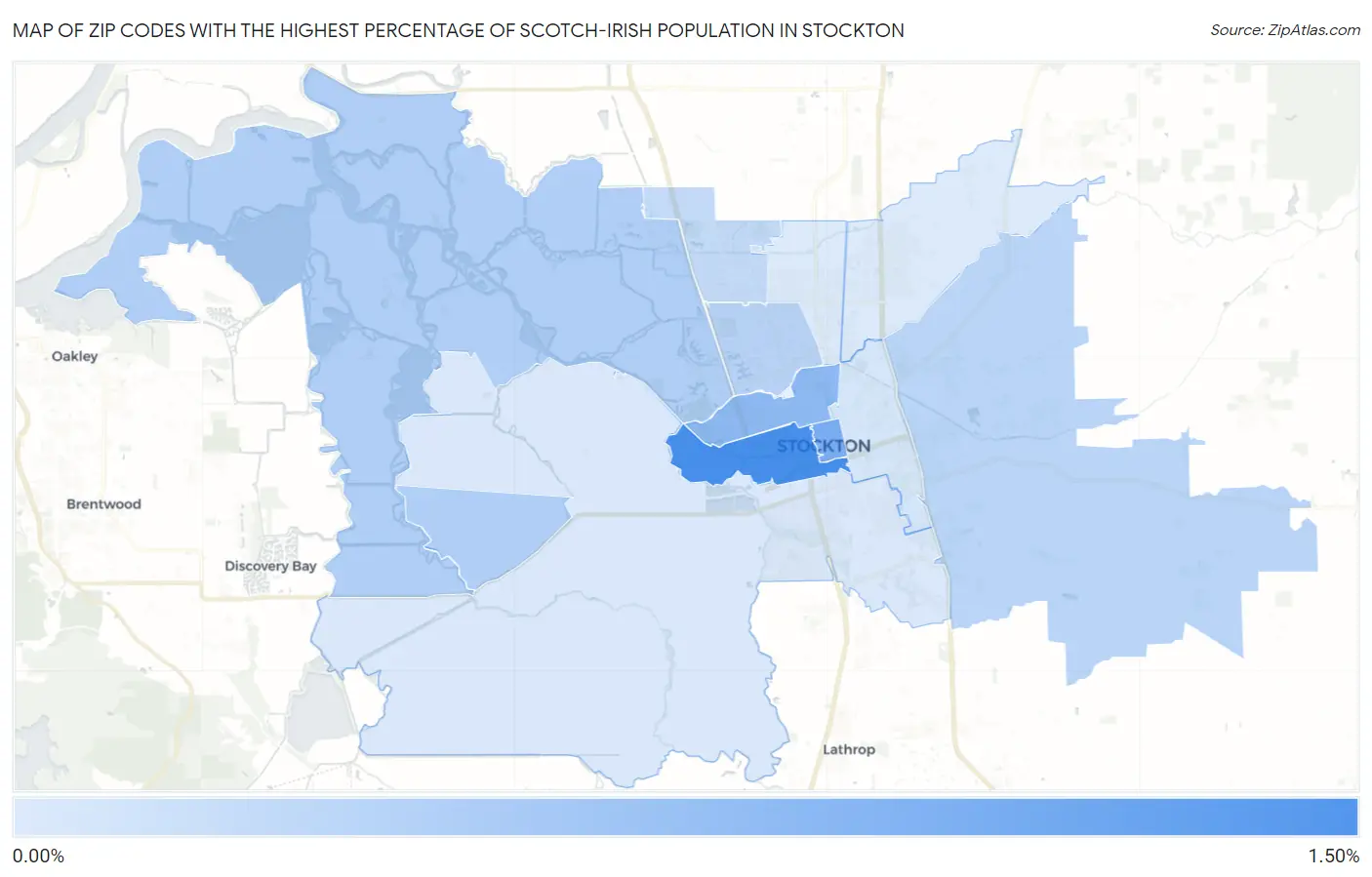 Zip Codes with the Highest Percentage of Scotch-Irish Population in Stockton Map