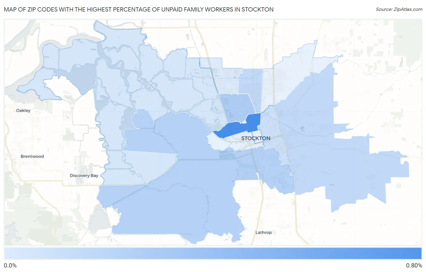 Zip Codes with the Highest Percentage of Unpaid Family Workers in Stockton Map