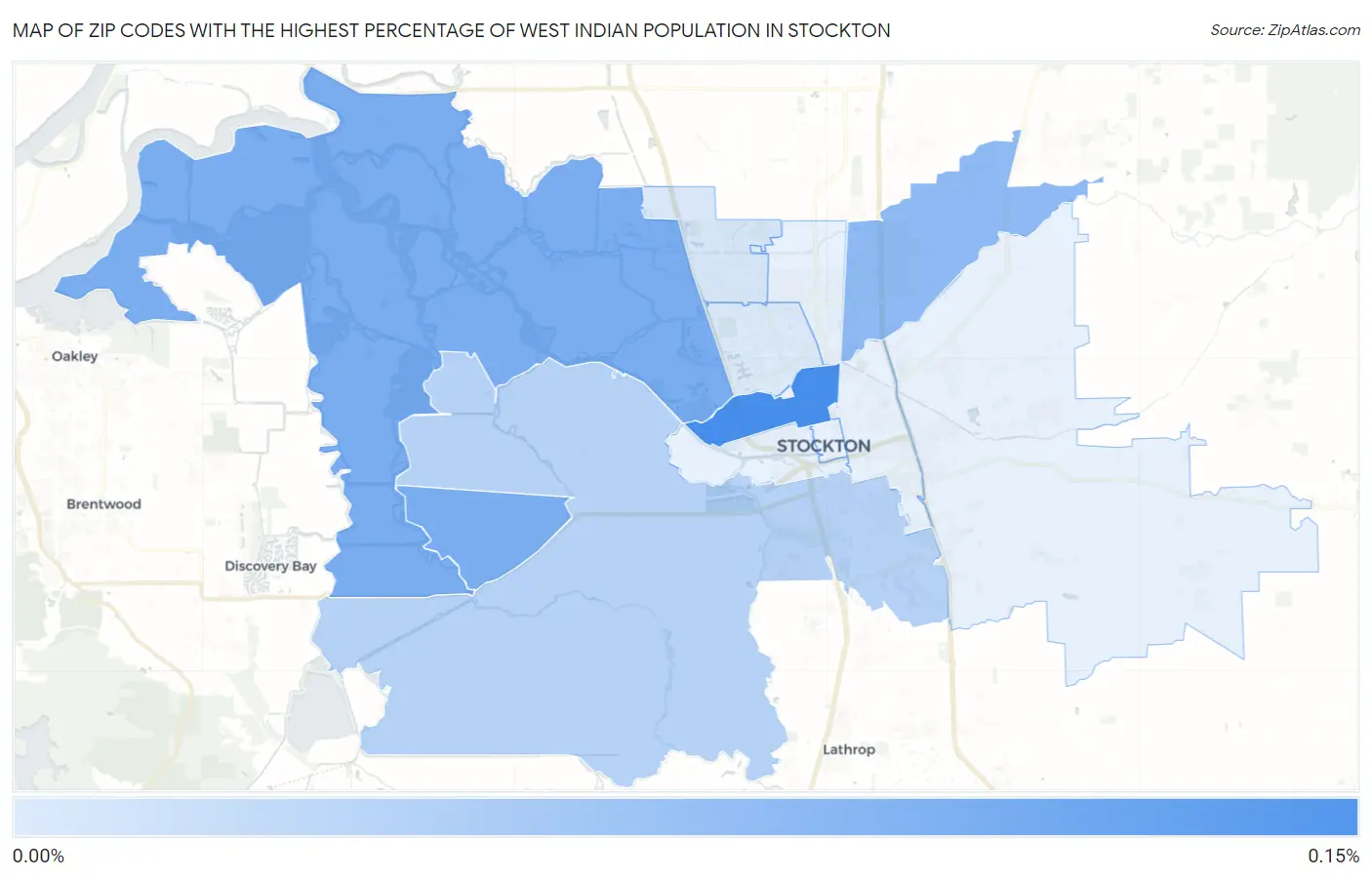 Zip Codes with the Highest Percentage of West Indian Population in Stockton Map