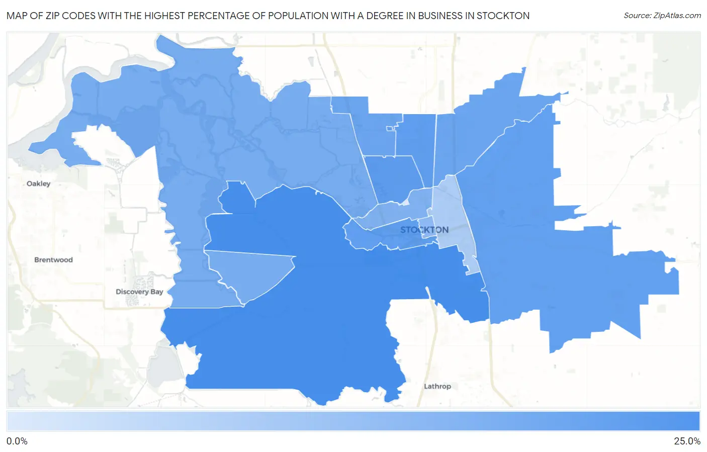 Zip Codes with the Highest Percentage of Population with a Degree in Business in Stockton Map