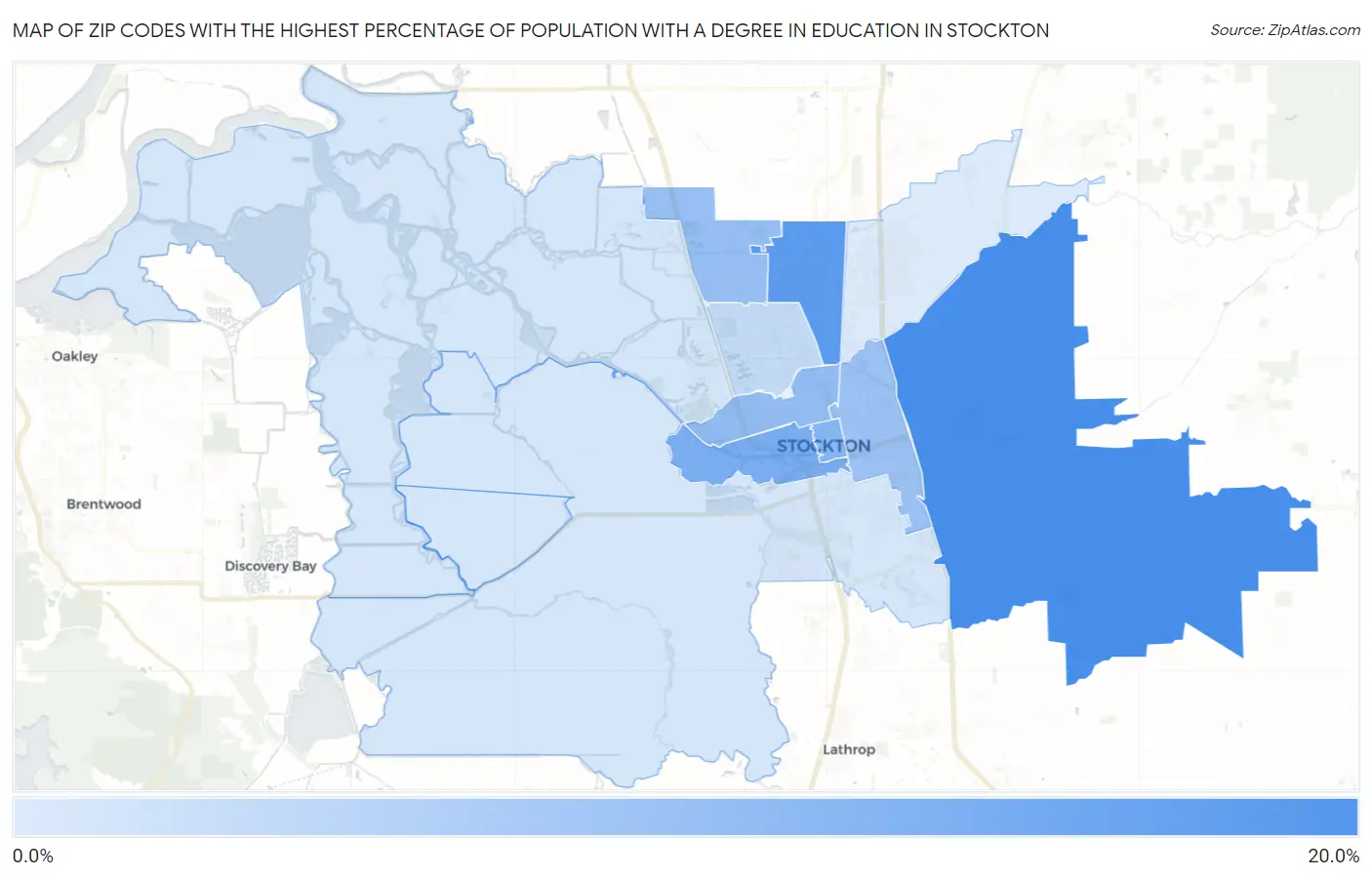 Zip Codes with the Highest Percentage of Population with a Degree in Education in Stockton Map