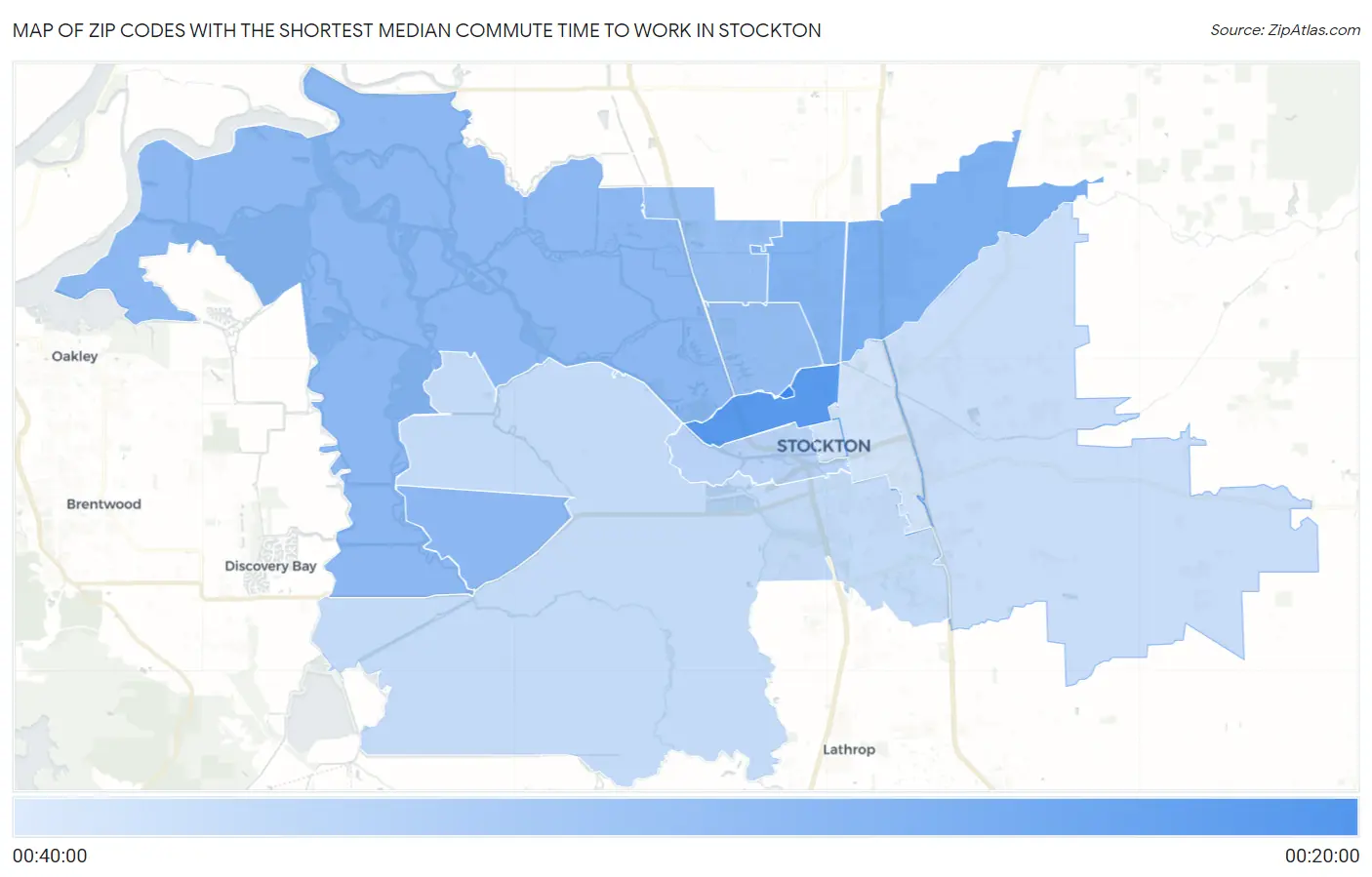 Zip Codes with the Shortest Median Commute Time to Work in Stockton Map