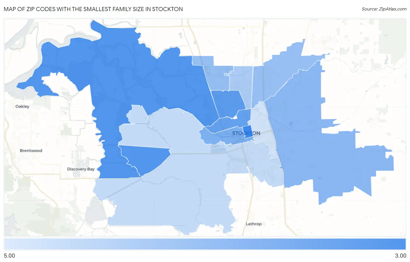 Zip Codes with the Smallest Family Size in Stockton Map