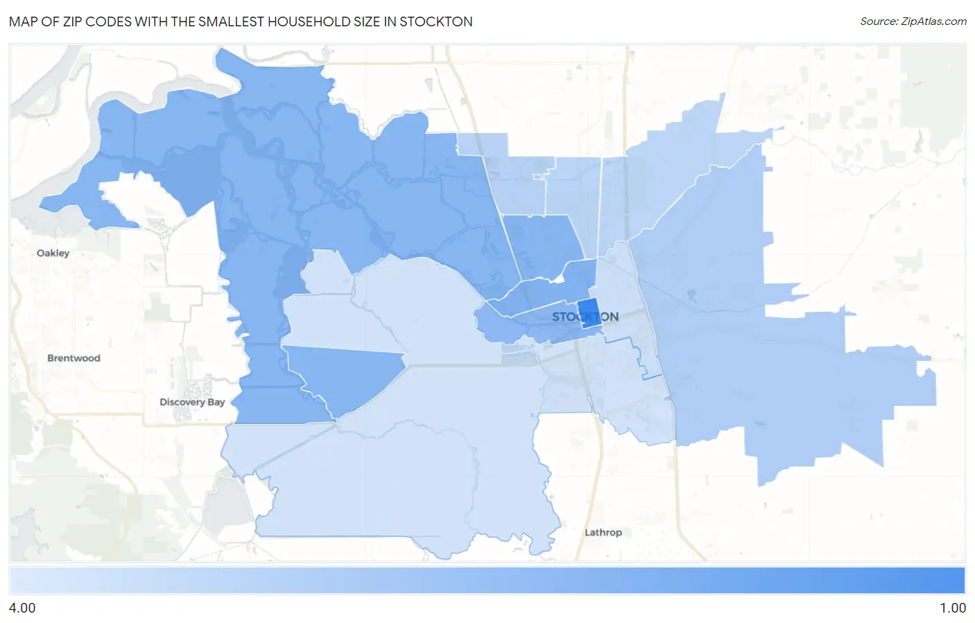 Zip Codes with the Smallest Household Size in Stockton Map