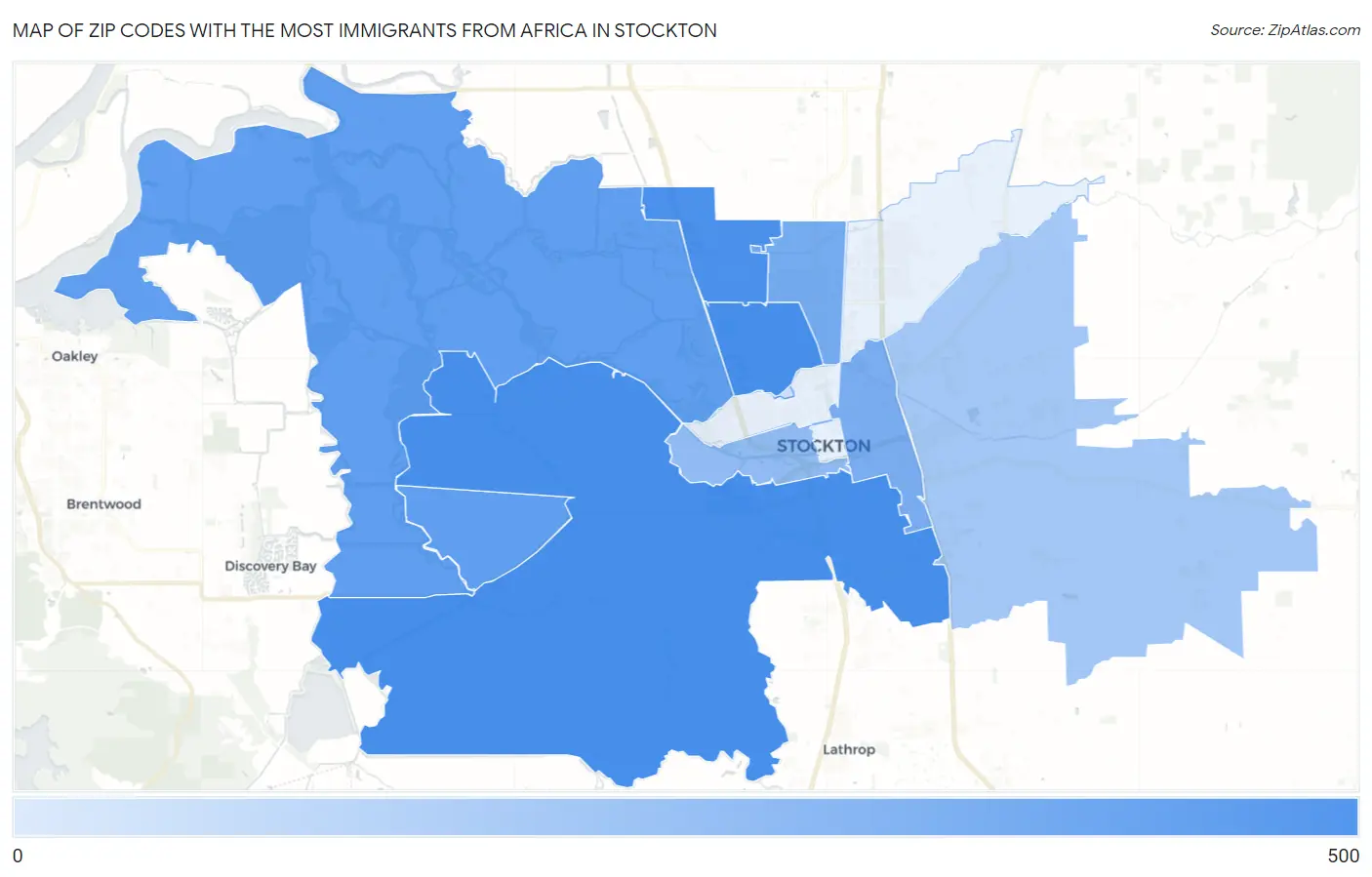 Zip Codes with the Most Immigrants from Africa in Stockton Map