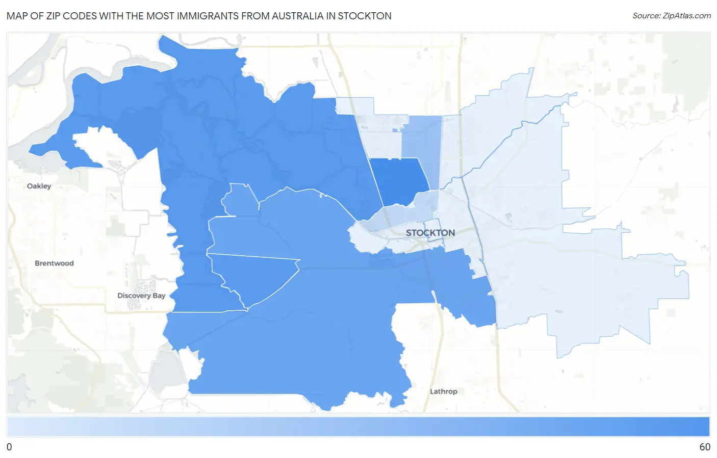 Zip Codes with the Most Immigrants from Australia in Stockton Map