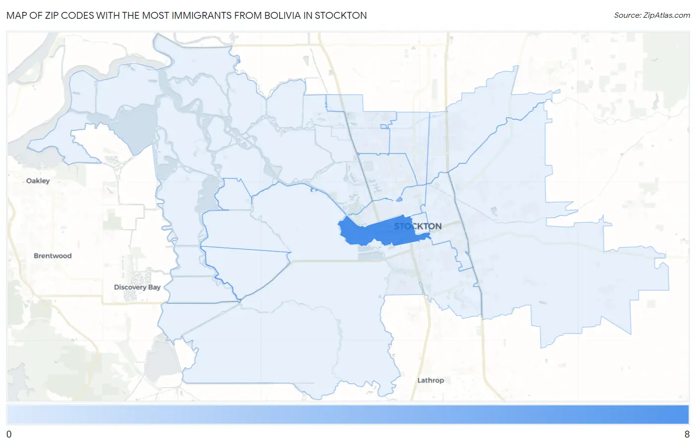 Zip Codes with the Most Immigrants from Bolivia in Stockton Map