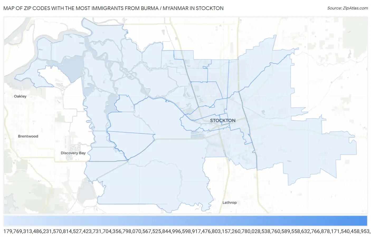 Zip Codes with the Most Immigrants from Burma / Myanmar in Stockton Map