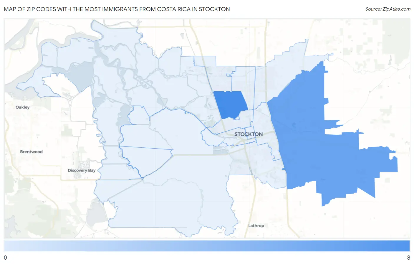 Zip Codes with the Most Immigrants from Costa Rica in Stockton Map
