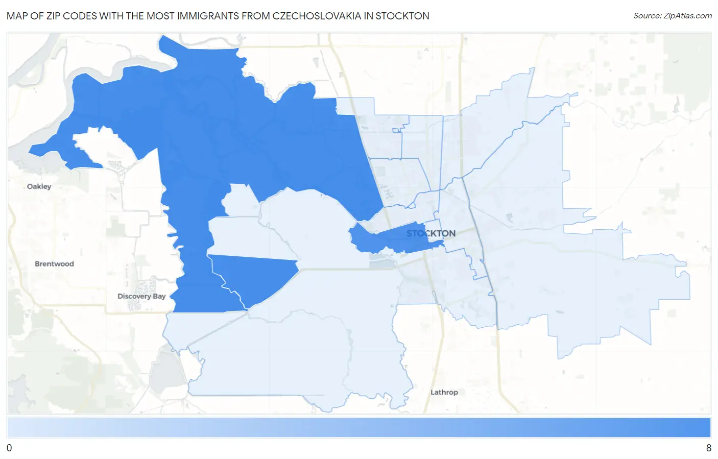 Zip Codes with the Most Immigrants from Czechoslovakia in Stockton Map