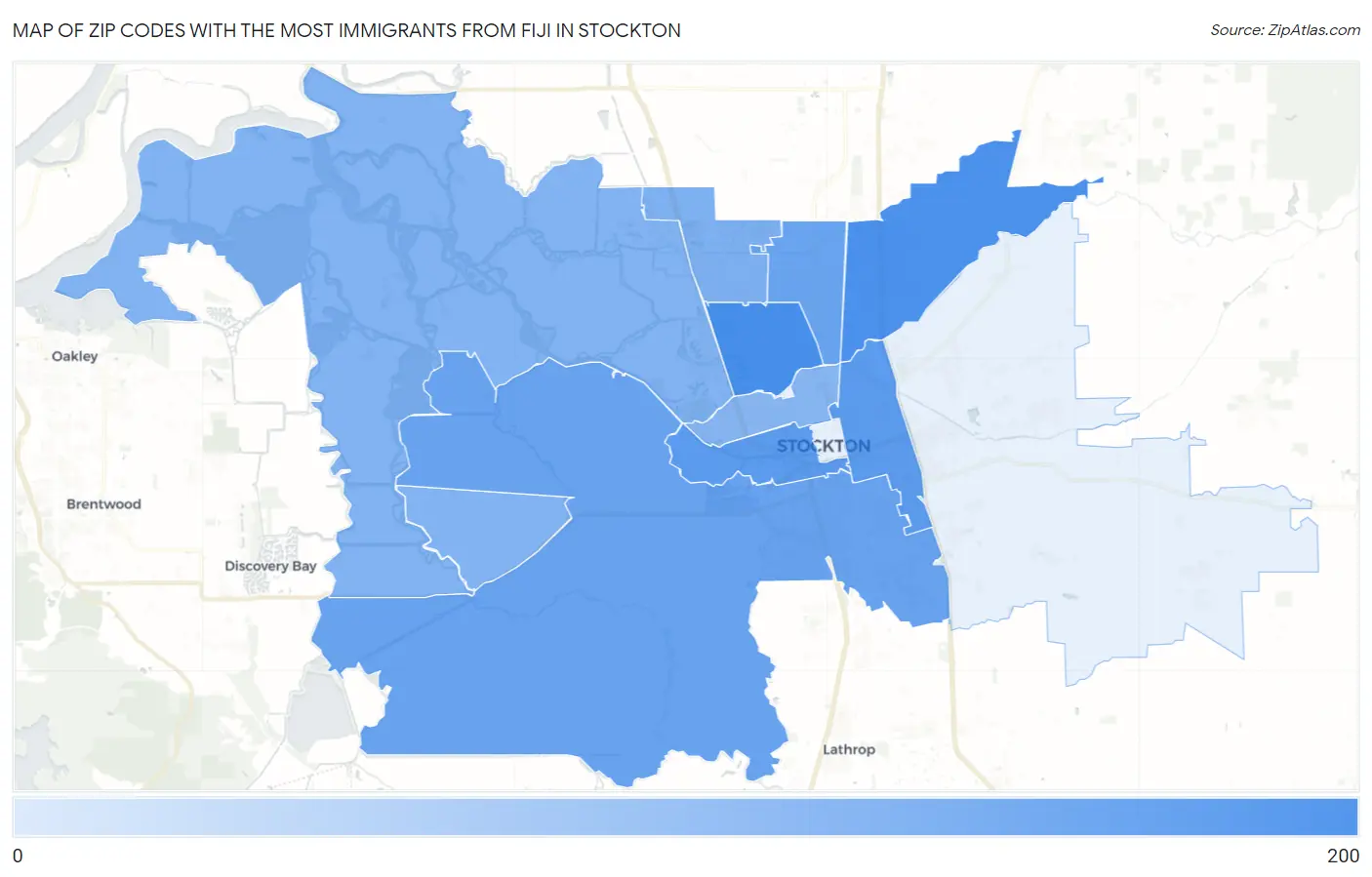 Zip Codes with the Most Immigrants from Fiji in Stockton Map