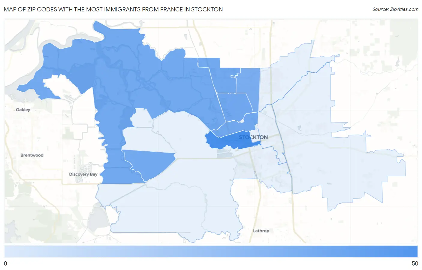 Zip Codes with the Most Immigrants from France in Stockton Map
