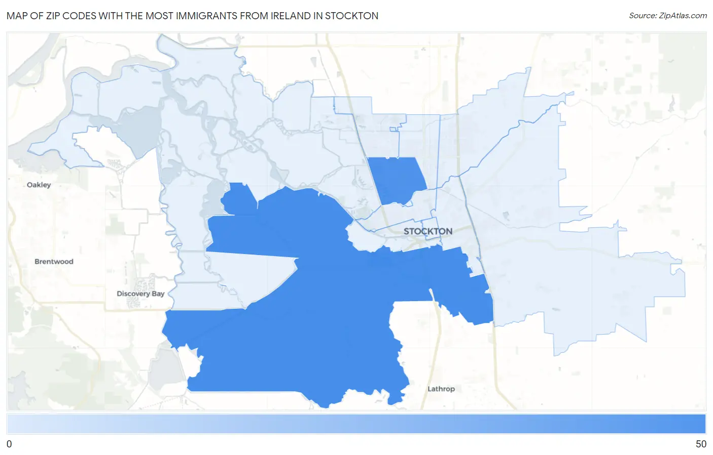 Zip Codes with the Most Immigrants from Ireland in Stockton Map