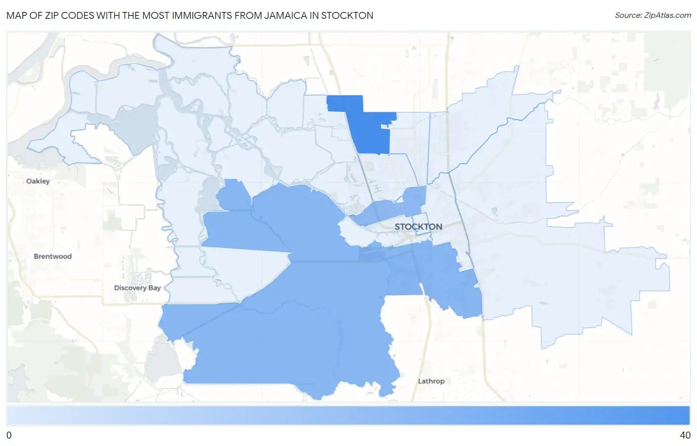 Zip Codes with the Most Immigrants from Jamaica in Stockton Map