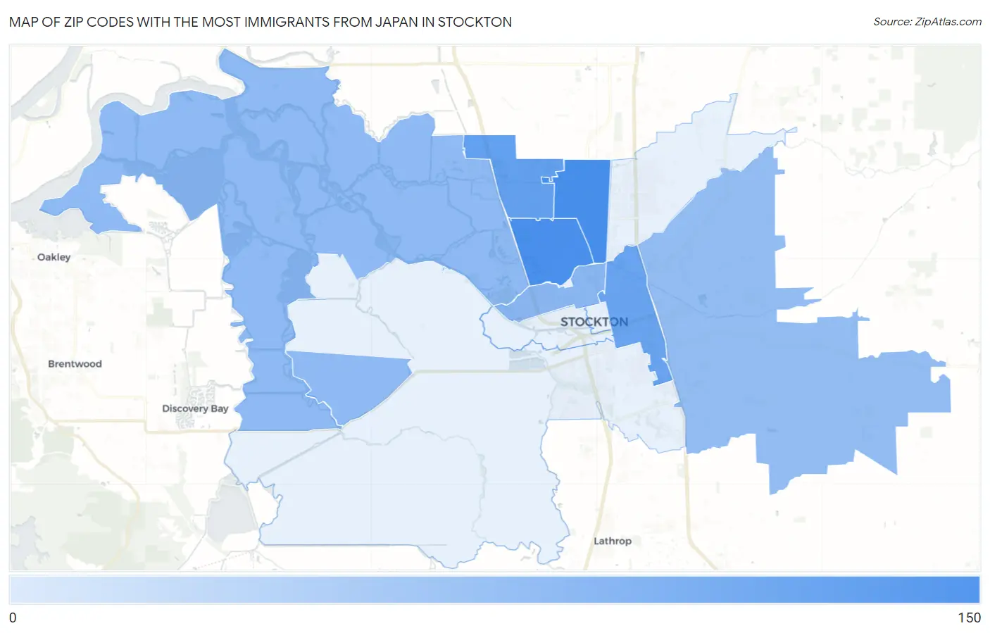 Zip Codes with the Most Immigrants from Japan in Stockton Map