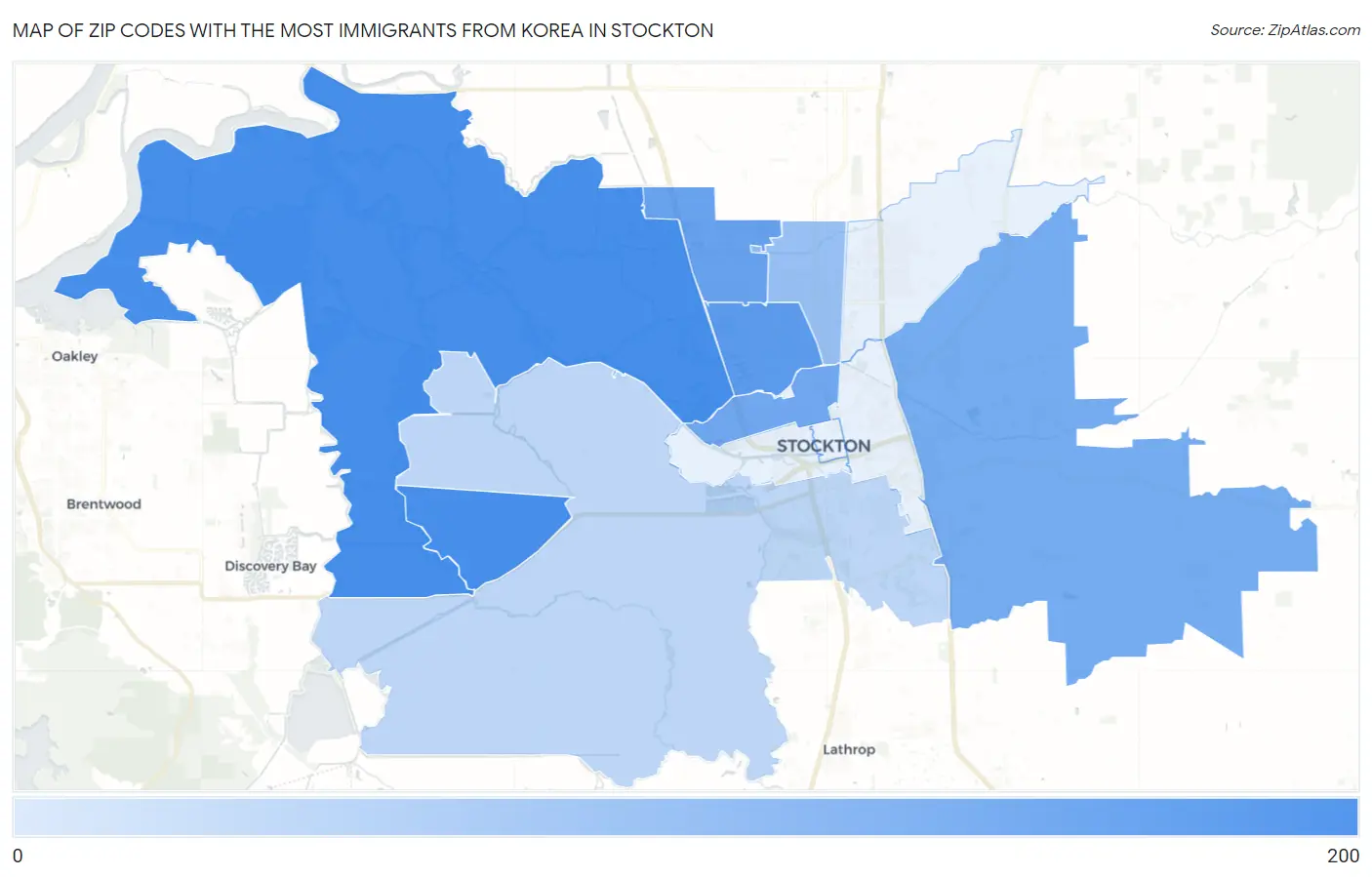 Zip Codes with the Most Immigrants from Korea in Stockton Map