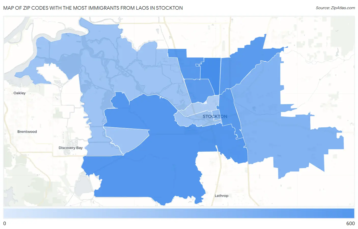 Zip Codes with the Most Immigrants from Laos in Stockton Map