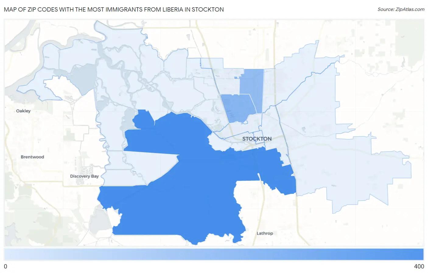 Zip Codes with the Most Immigrants from Liberia in Stockton Map