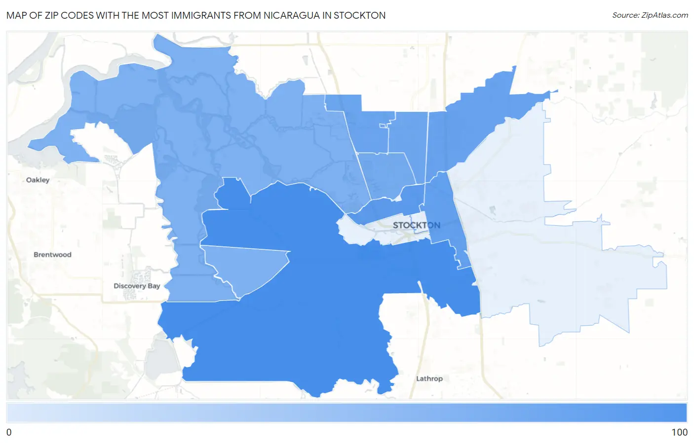 Zip Codes with the Most Immigrants from Nicaragua in Stockton Map