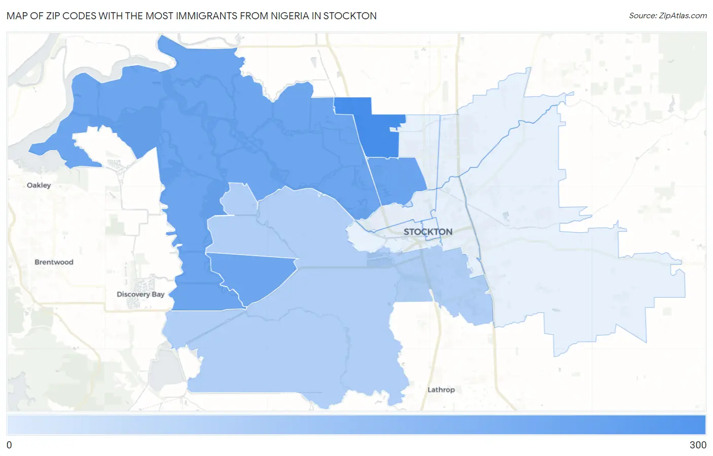 Zip Codes with the Most Immigrants from Nigeria in Stockton Map