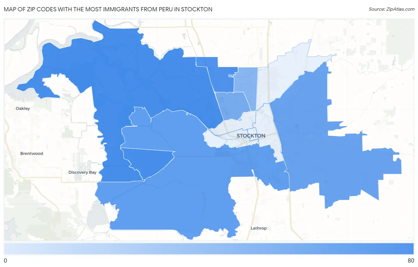 Zip Codes with the Most Immigrants from Peru in Stockton Map