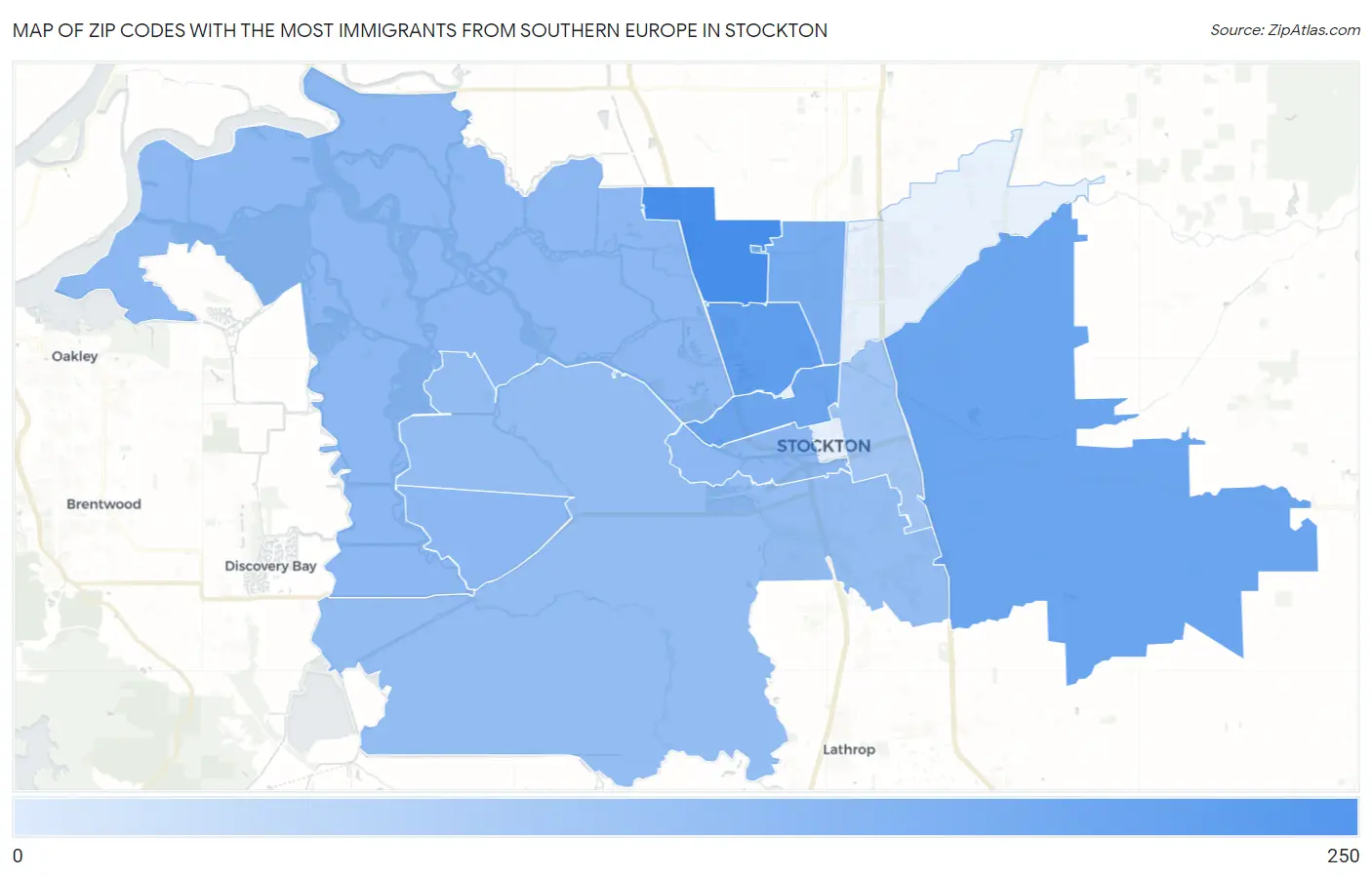 Zip Codes with the Most Immigrants from Southern Europe in Stockton Map
