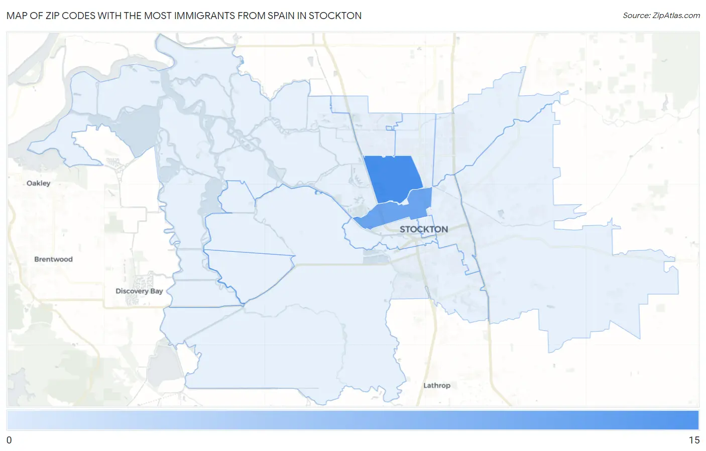 Zip Codes with the Most Immigrants from Spain in Stockton Map