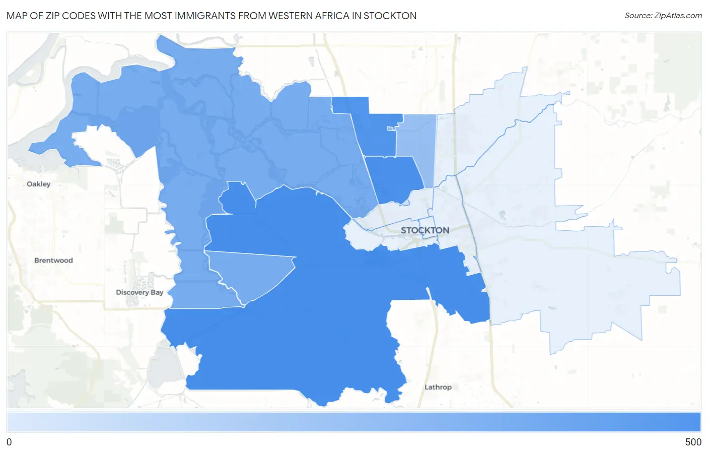 Zip Codes with the Most Immigrants from Western Africa in Stockton Map