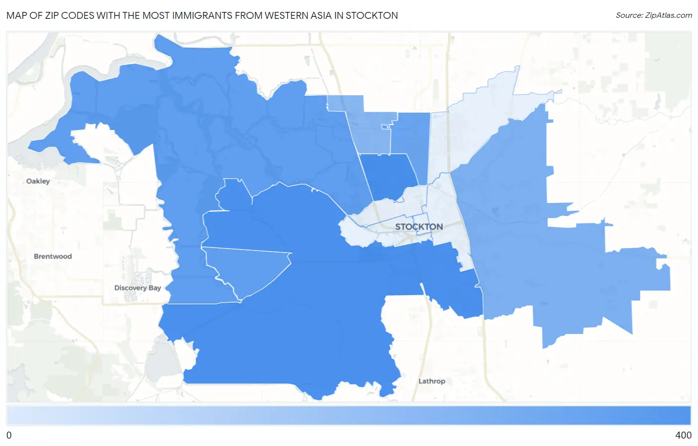 Zip Codes with the Most Immigrants from Western Asia in Stockton Map