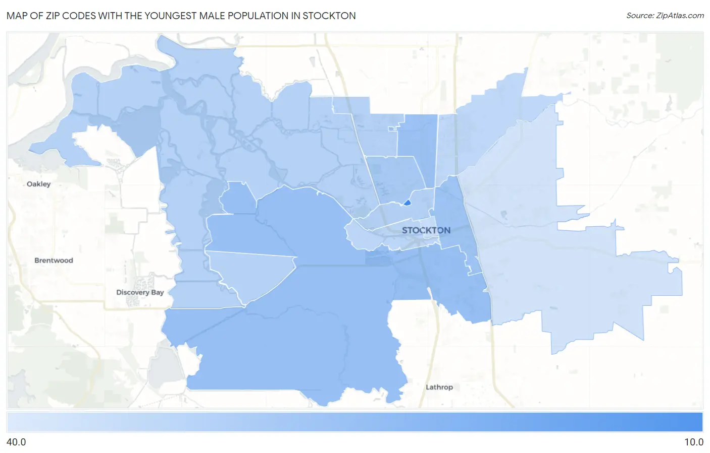 Zip Codes with the Youngest Male Population in Stockton Map