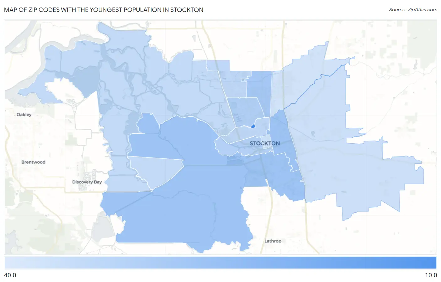 Zip Codes with the Youngest Population in Stockton Map