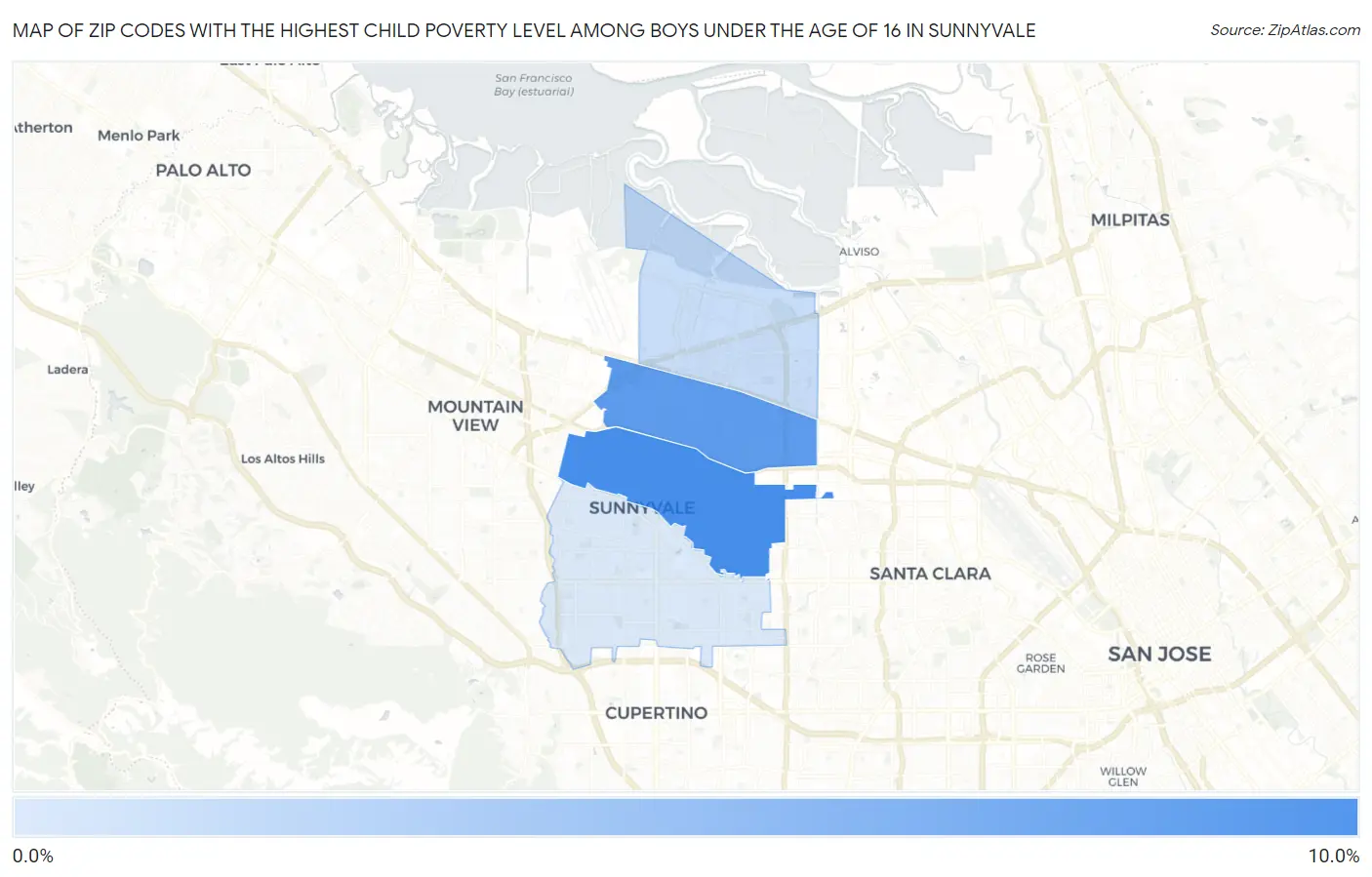 Zip Codes with the Highest Child Poverty Level Among Boys Under the Age of 16 in Sunnyvale Map