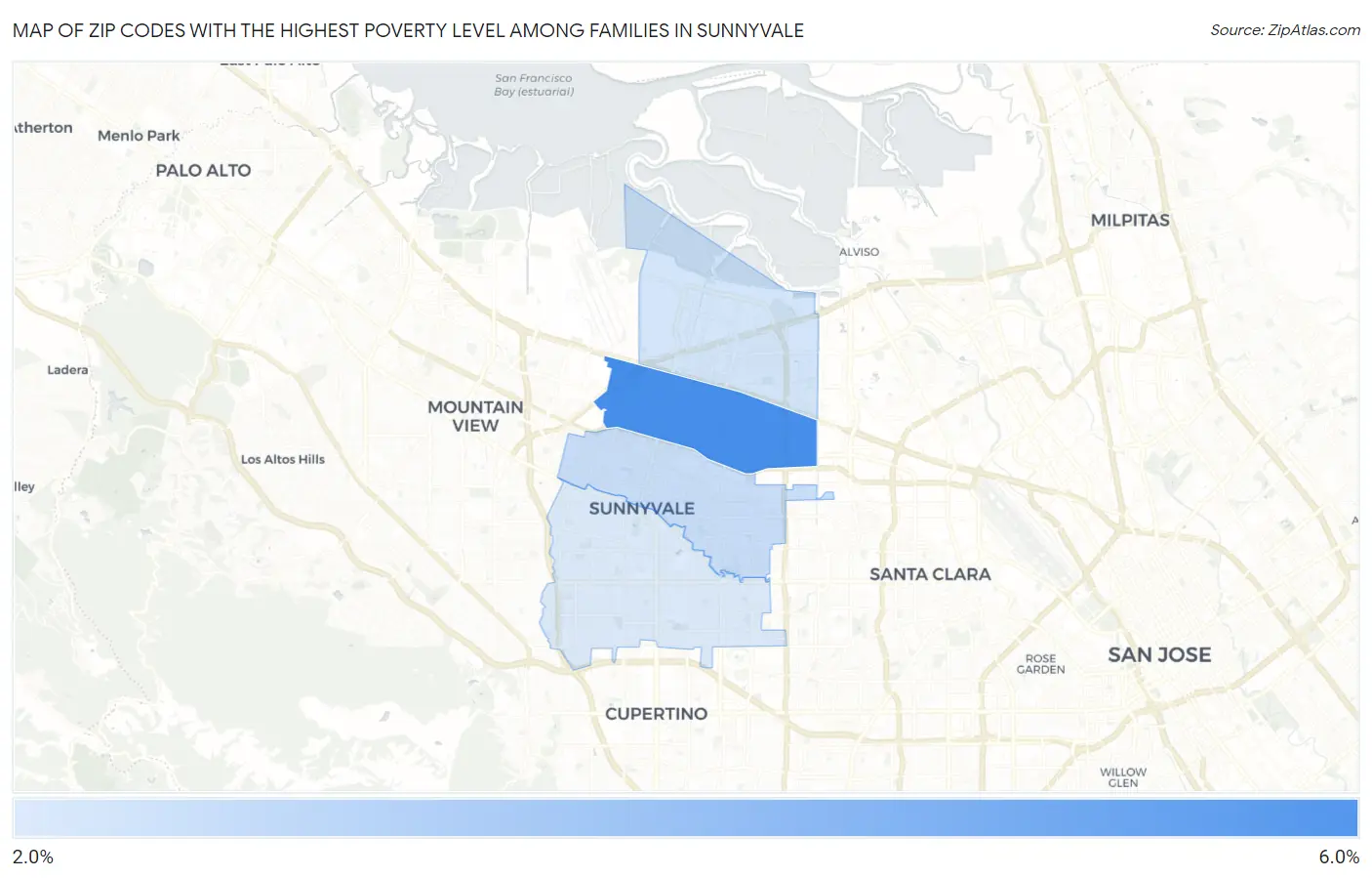 Zip Codes with the Highest Poverty Level Among Families in Sunnyvale Map