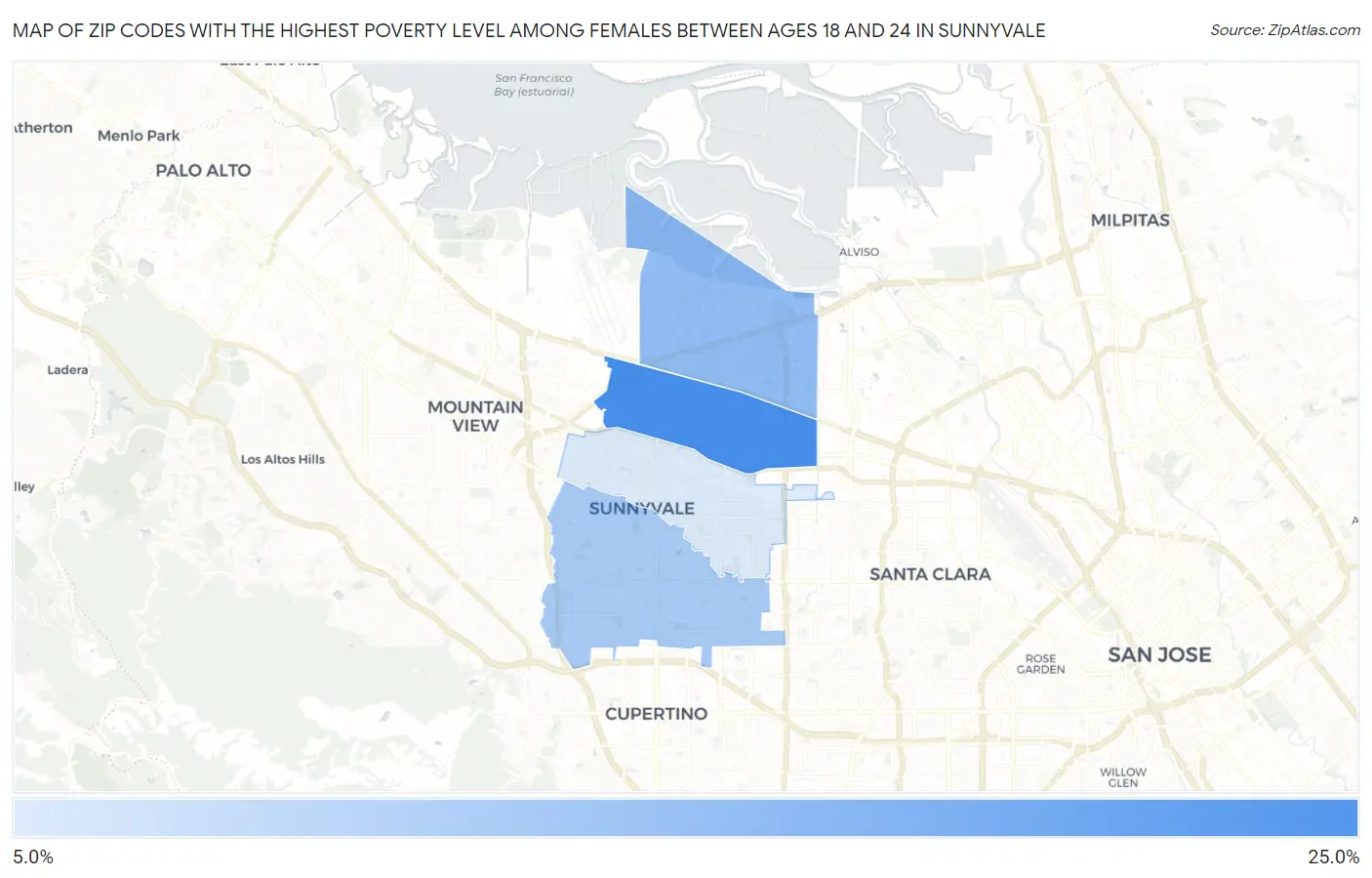 Zip Codes with the Highest Poverty Level Among Females Between Ages 18 and 24 in Sunnyvale Map