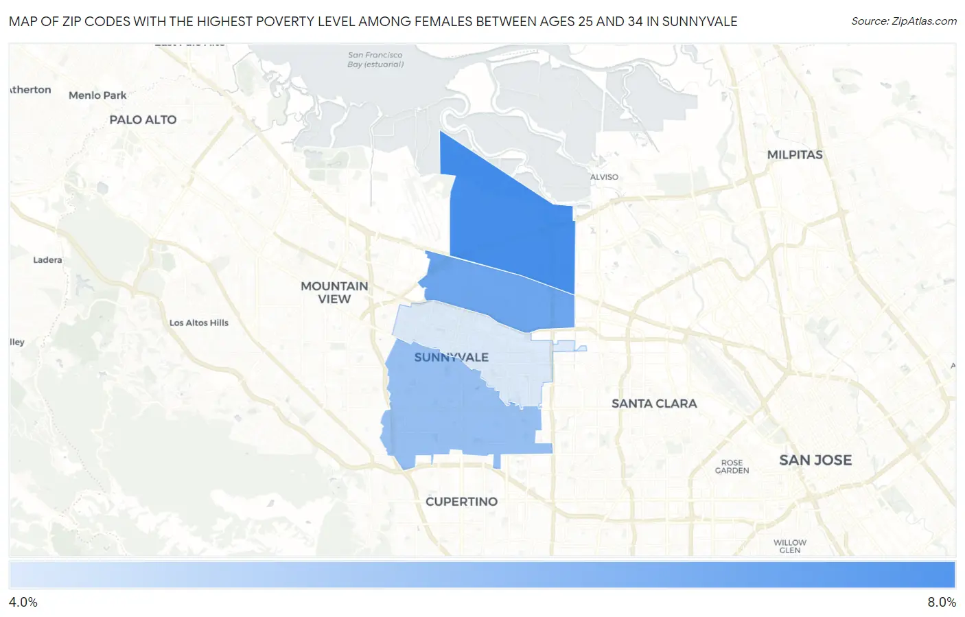Zip Codes with the Highest Poverty Level Among Females Between Ages 25 and 34 in Sunnyvale Map