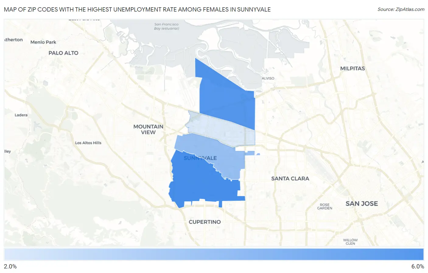 Zip Codes with the Highest Unemployment Rate Among Females in Sunnyvale Map