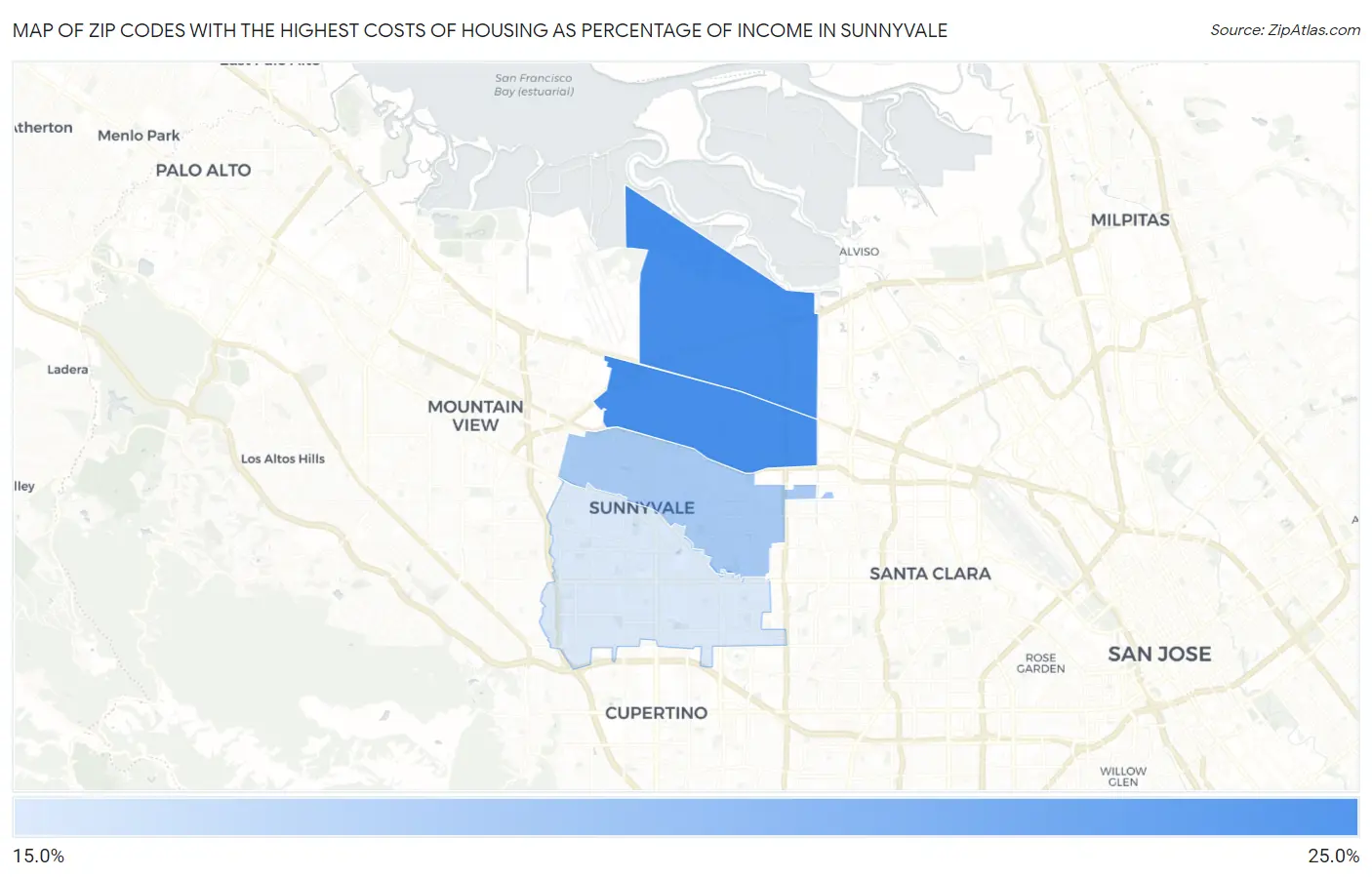 Zip Codes with the Highest Costs of Housing as Percentage of Income in Sunnyvale Map