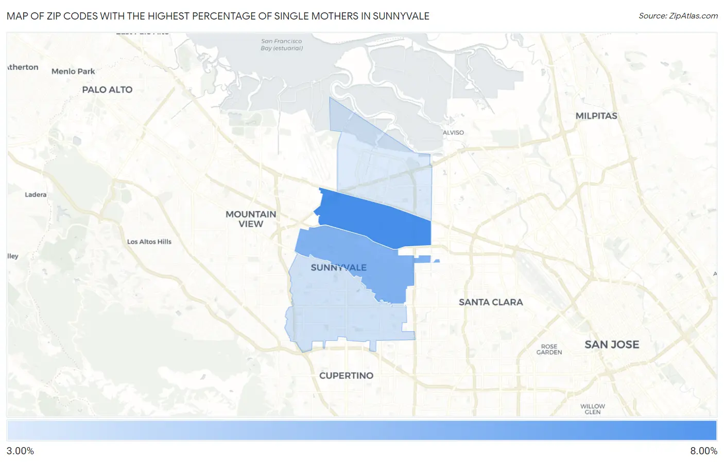 Zip Codes with the Highest Percentage of Single Mothers in Sunnyvale Map