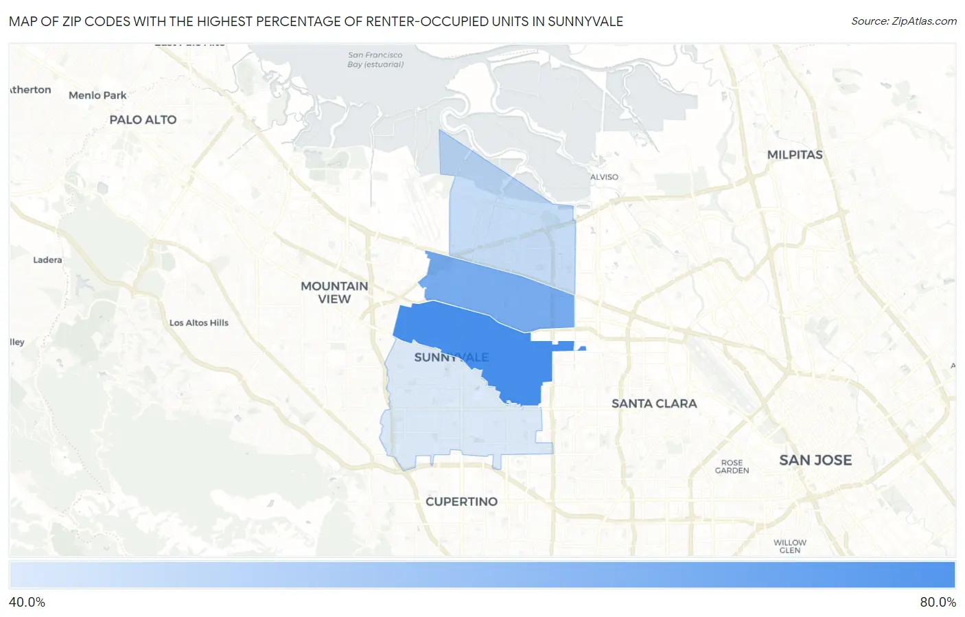 Zip Codes with the Highest Percentage of Renter-Occupied Units in Sunnyvale Map