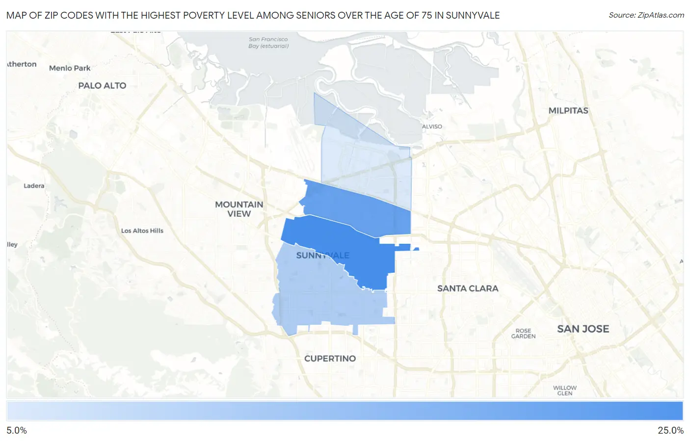 Zip Codes with the Highest Poverty Level Among Seniors Over the Age of 75 in Sunnyvale Map