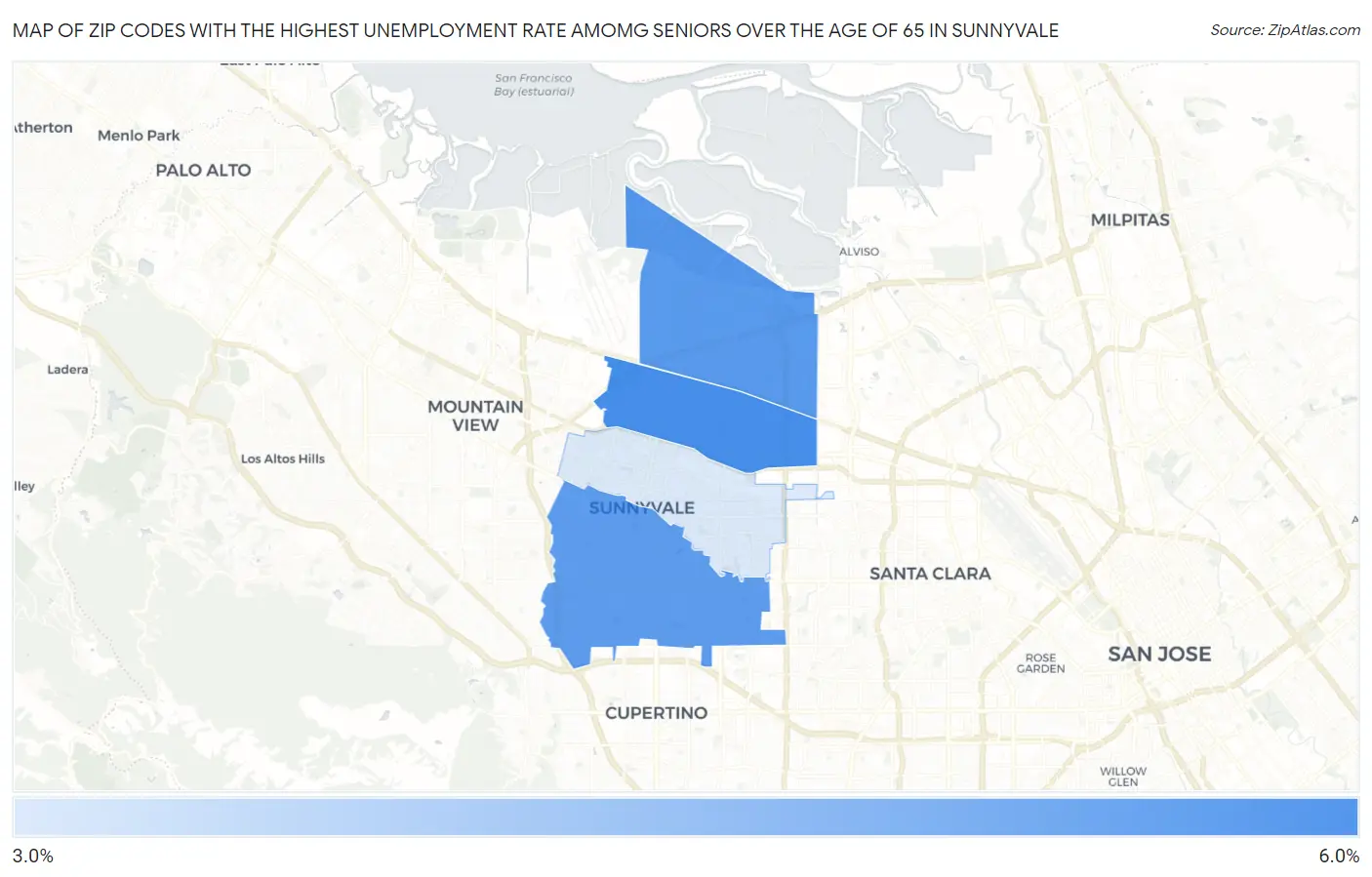 Zip Codes with the Highest Unemployment Rate Amomg Seniors Over the Age of 65 in Sunnyvale Map