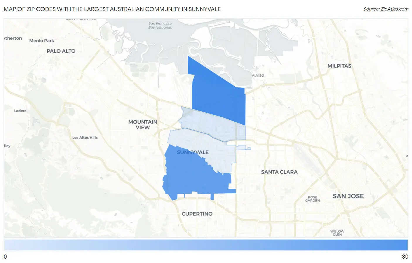 Zip Codes with the Largest Australian Community in Sunnyvale Map