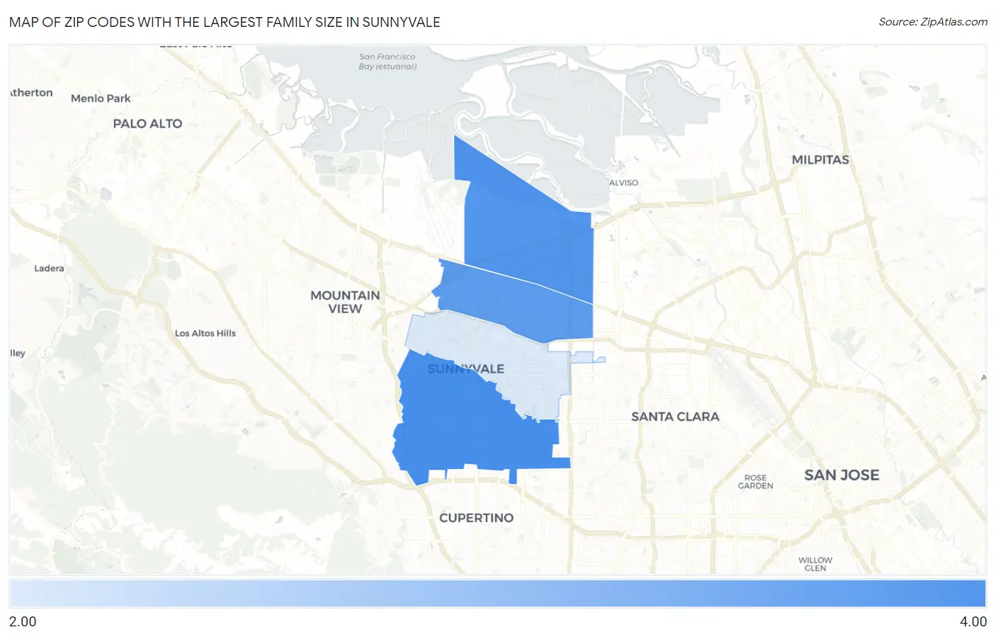 Zip Codes with the Largest Family Size in Sunnyvale Map